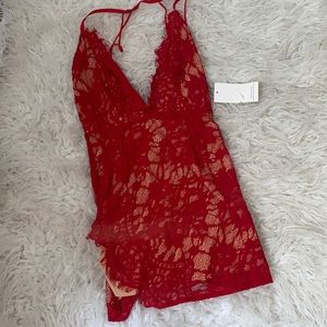 Red & tan lace mini dress